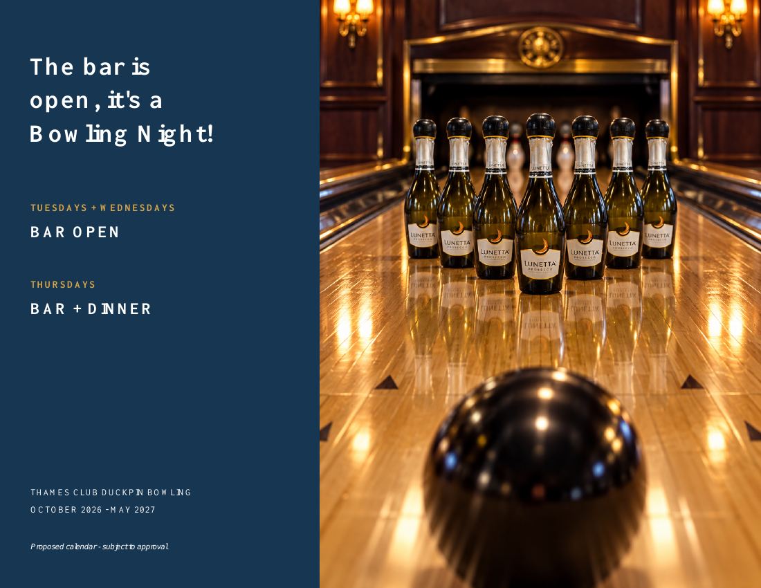Prosecco bottles on the Thames Club duckpin lanes with a bowling ball in the foreground