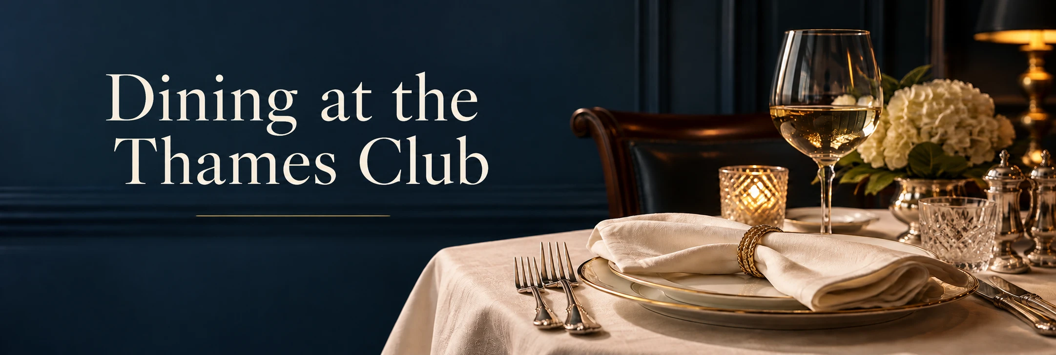 Dining at the Thames Club — an elegant candlelit table with ivory linen, crystal and silver