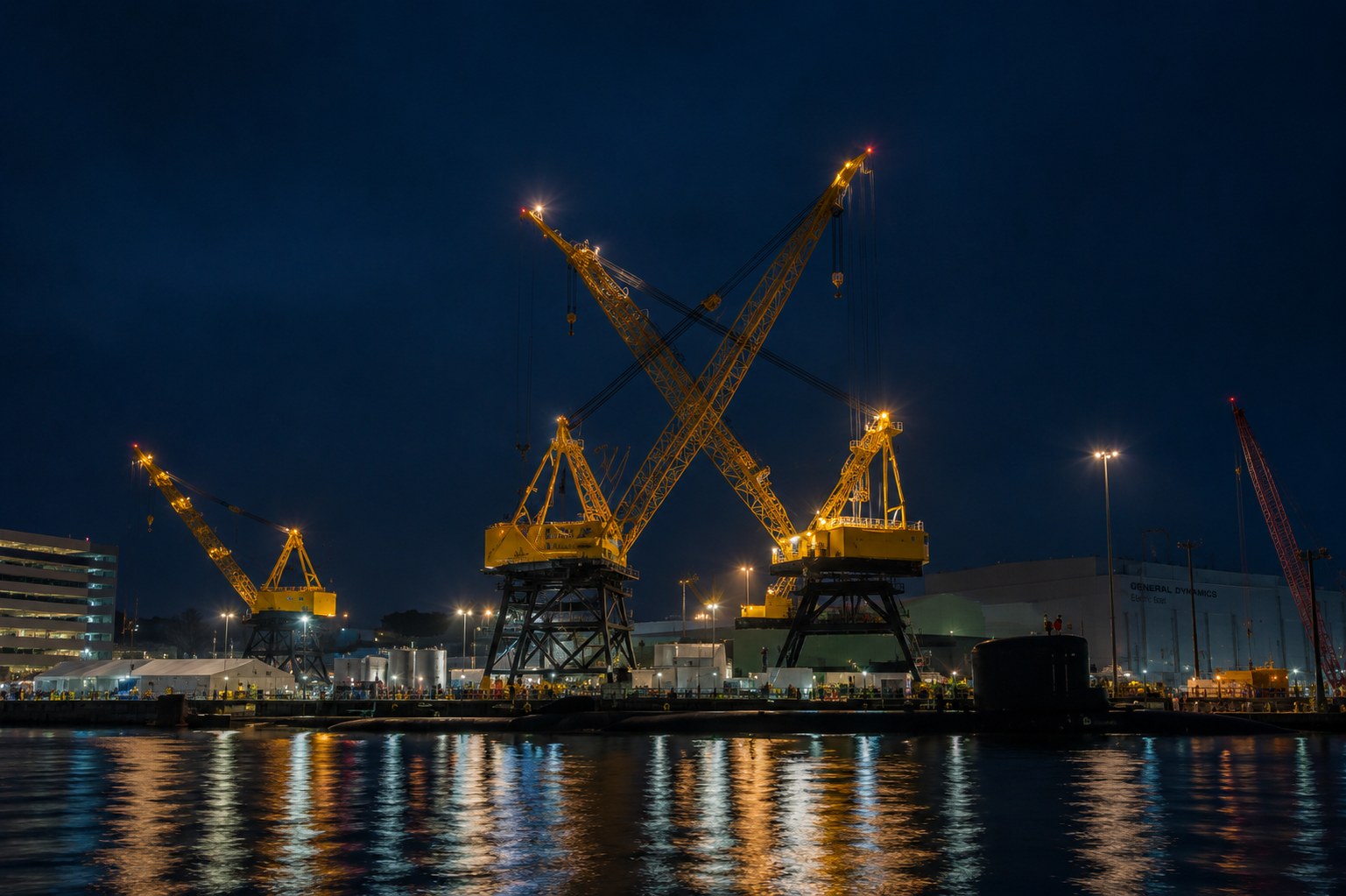 Electric Boat shipyard cranes at night on the Groton waterfront