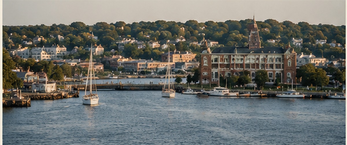 New London waterfront and Groton across the Thames at early evening
