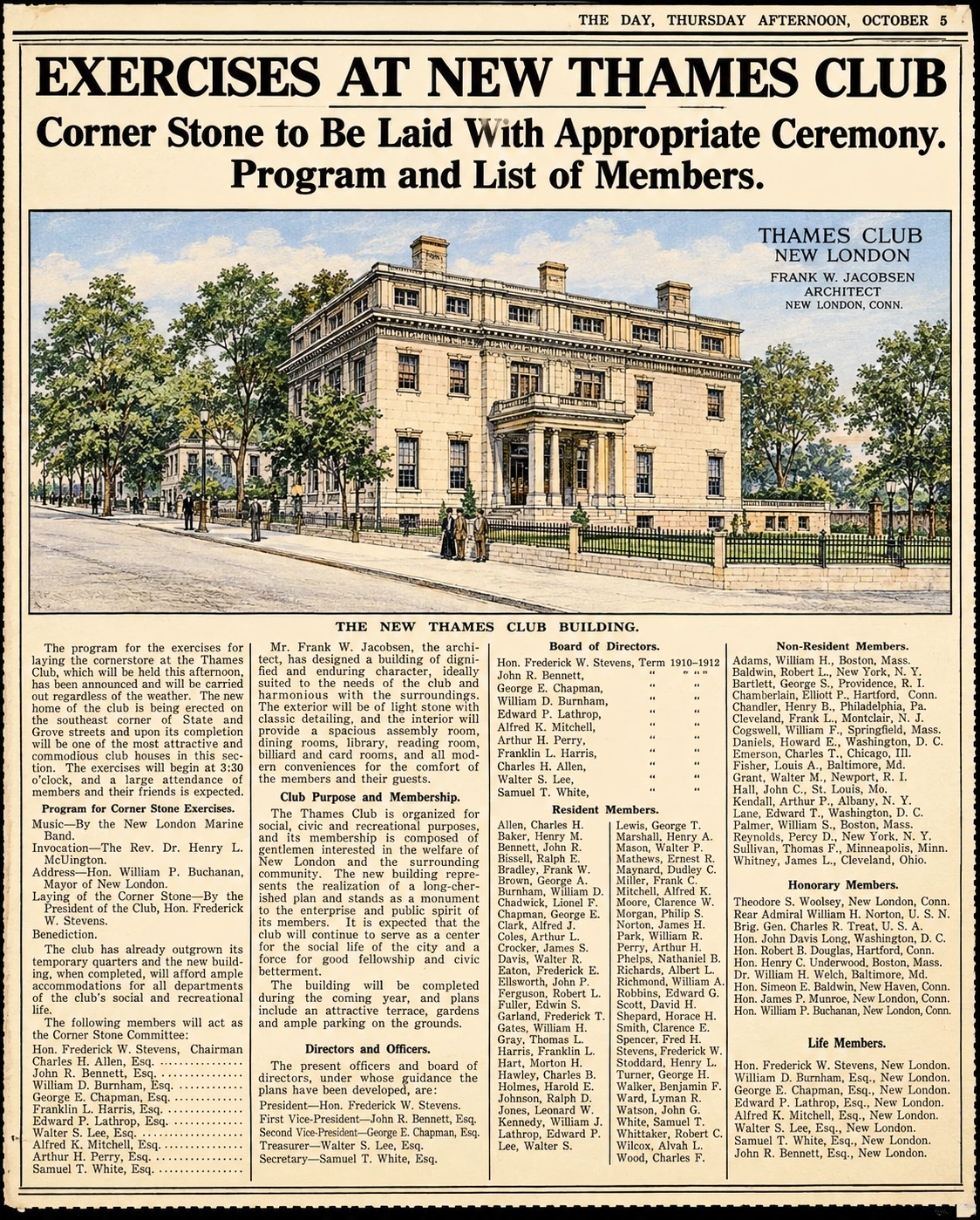 Illustrated article headed Exercises at New Thames Club, with a clubhouse rendering, cornerstone ceremony program, and membership lists